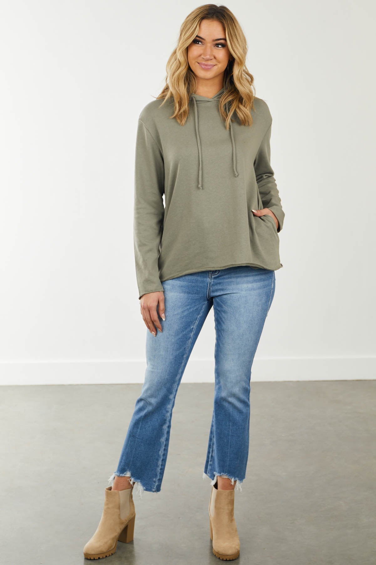 Olive French Terry Raw Hem Drawstring Hoodie