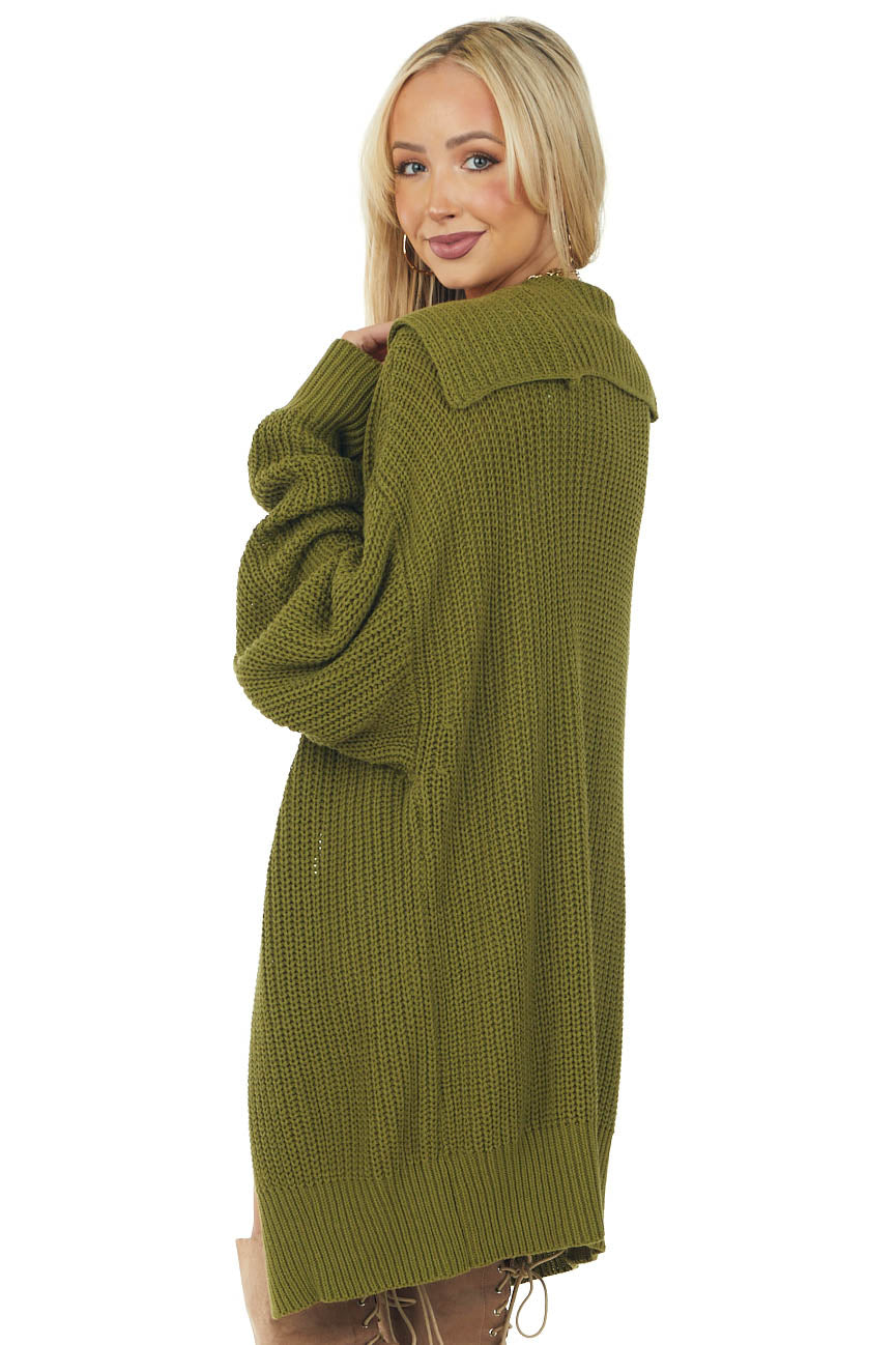 Olive Green Oversized Button Up Lapel Cardigan