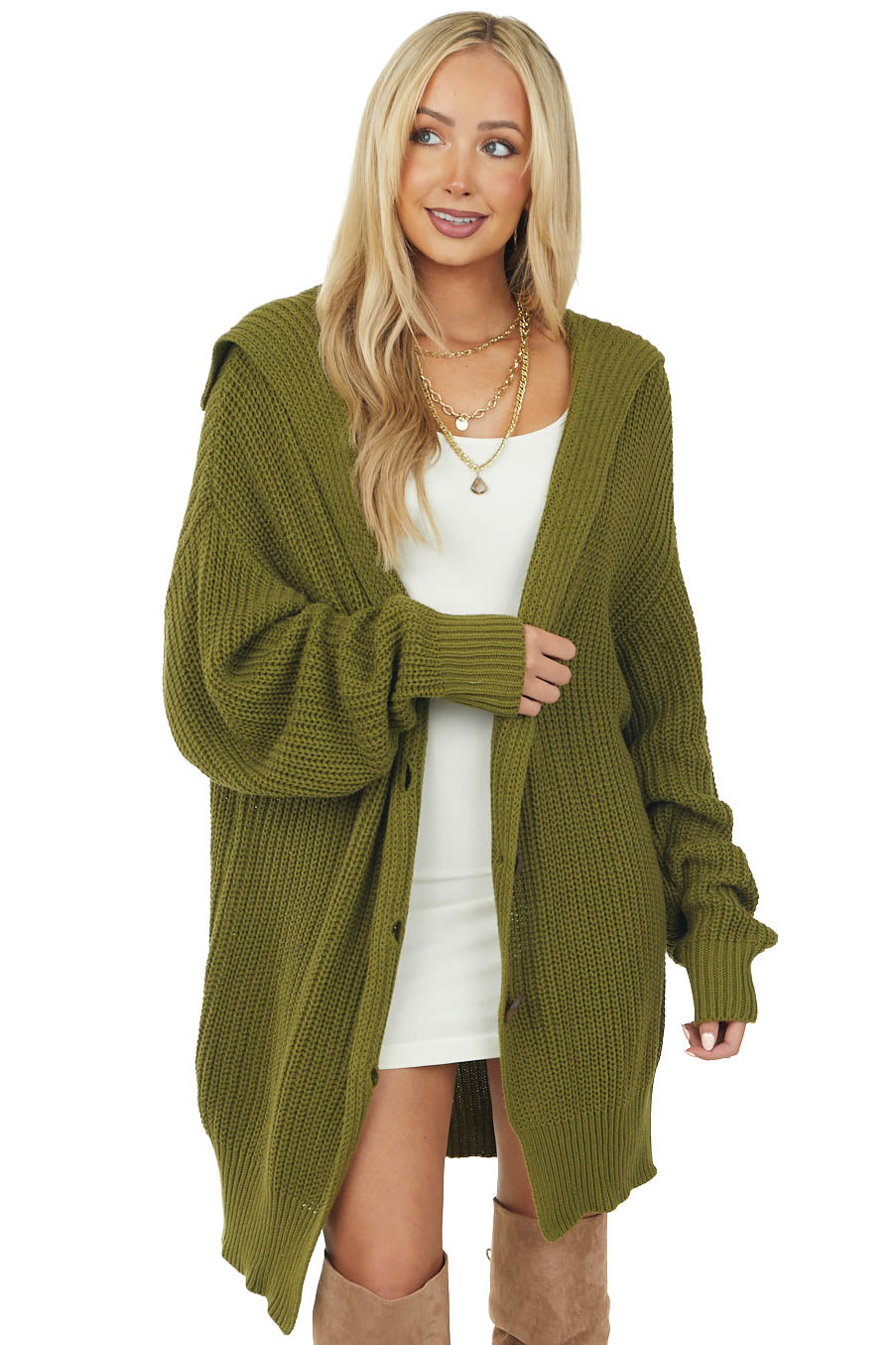 Olive Green Oversized Button Up Lapel Cardigan
