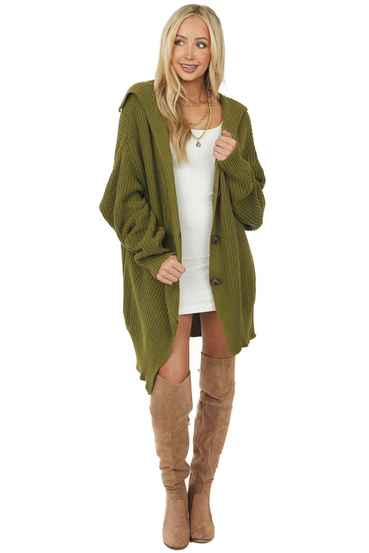 Olive Green Oversized Button Up Lapel Cardigan
