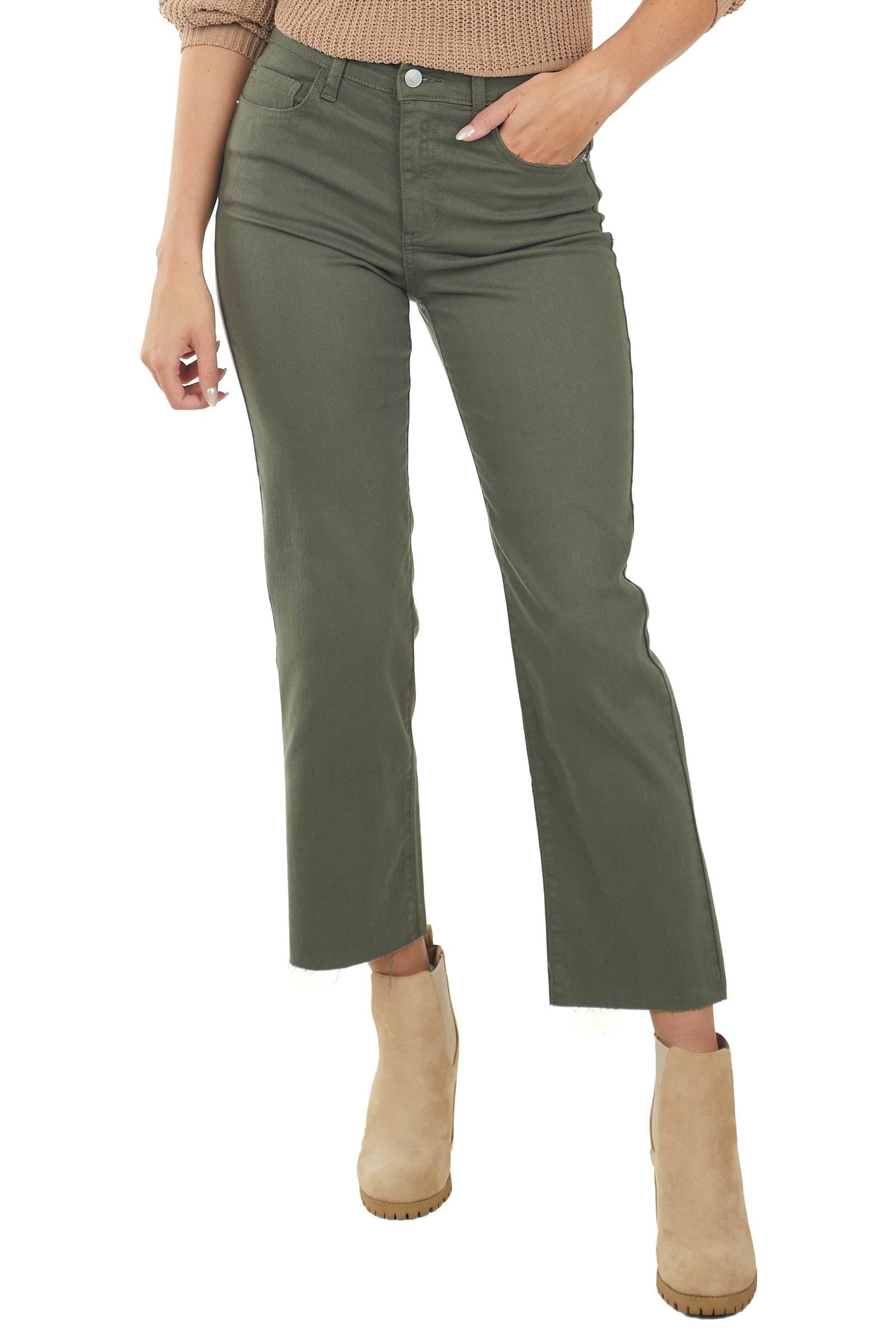 Olive High Rise Cropped Straight Jeans