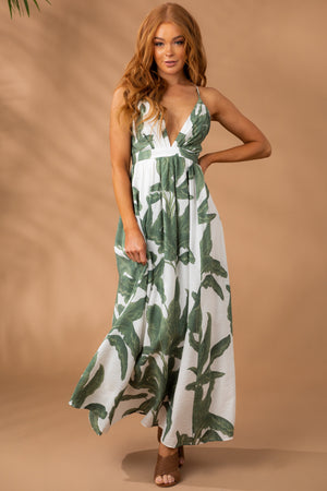 Olive Leaf Print Deep V Neck Maxi Dress