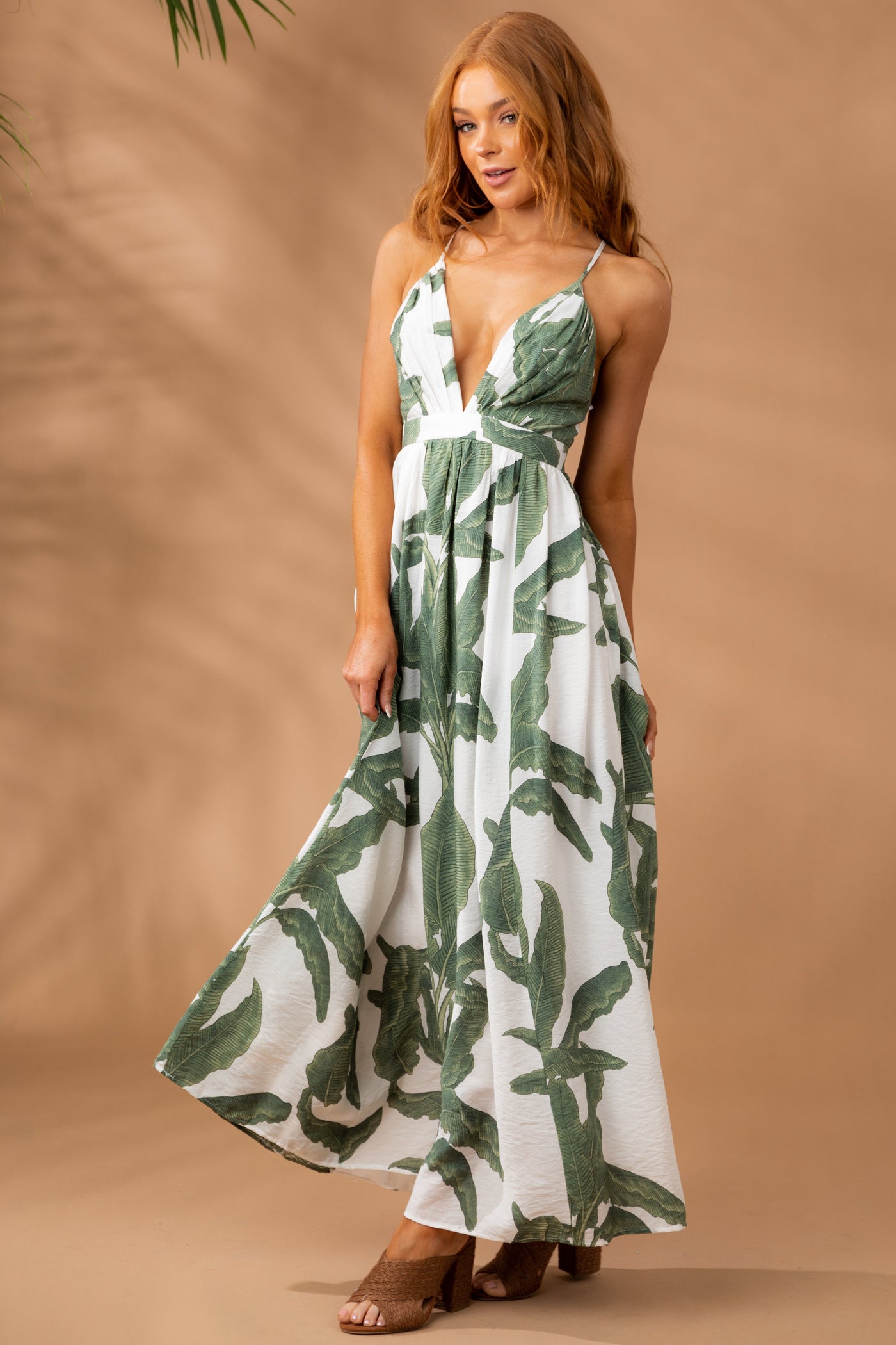 Olive Leaf Print Deep V Neck Maxi Dress