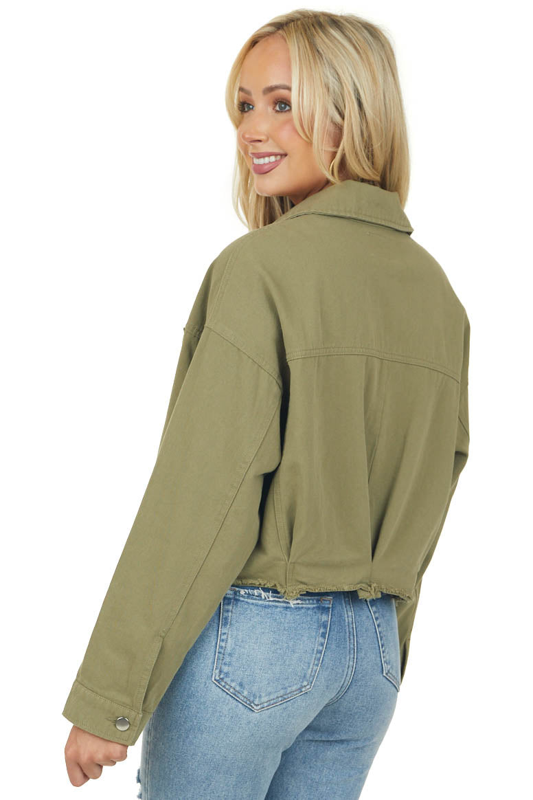 Olive Long Sleeve Collared Cropped Denim Jacket