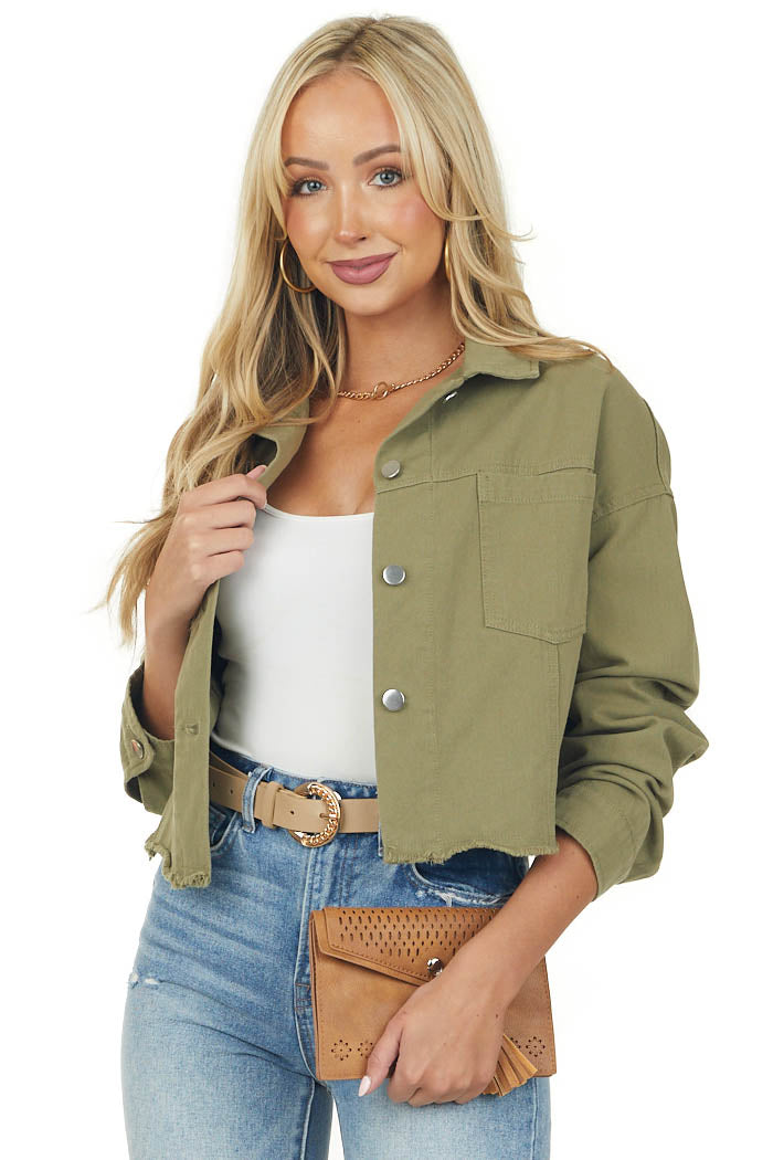 Olive Long Sleeve Collared Cropped Denim Jacket