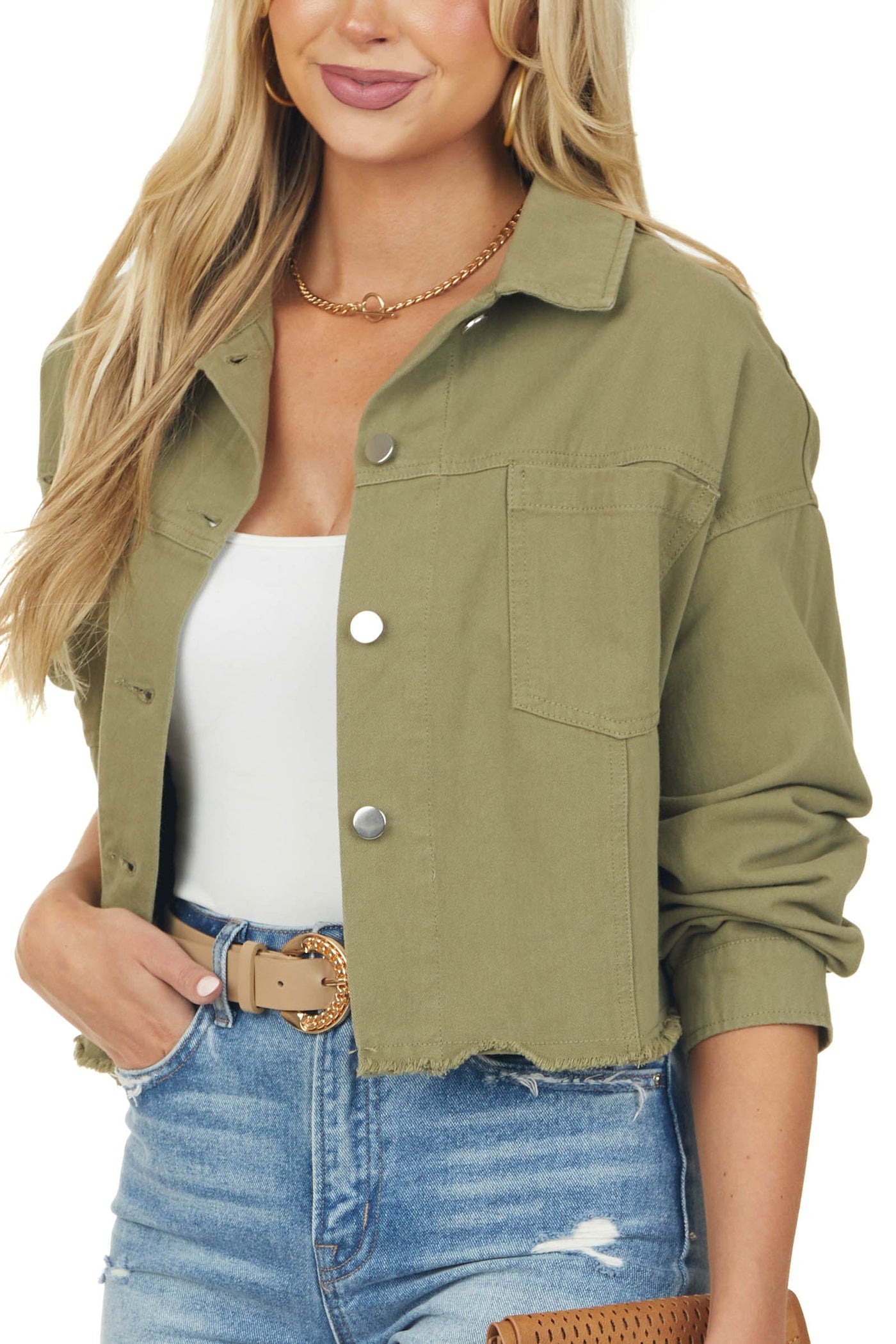 Olive Long Sleeve Collared Cropped Denim Jacket
