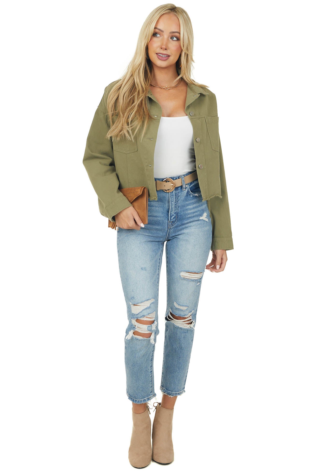 Olive Long Sleeve Collared Cropped Denim Jacket