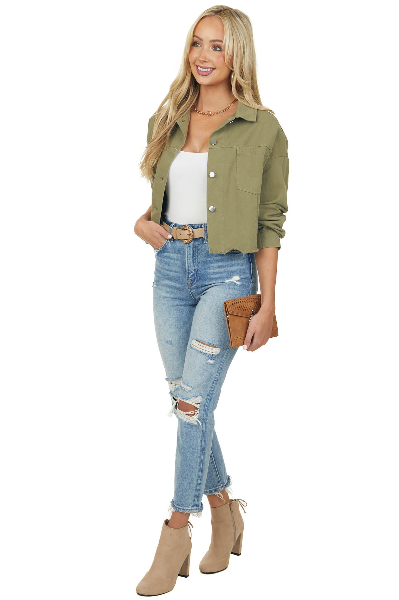 Olive Long Sleeve Collared Cropped Denim Jacket