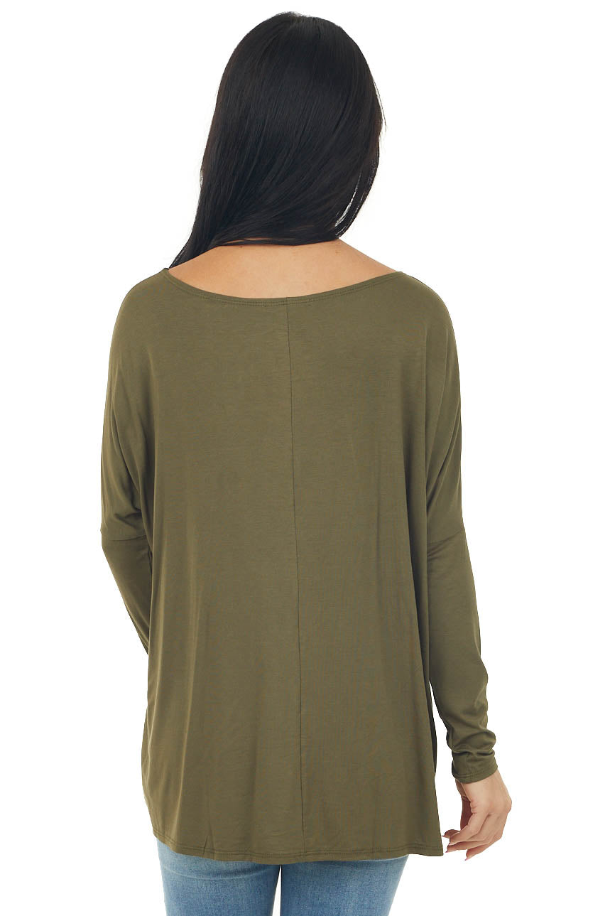 Olive Long Sleeve Stretchy Knit Top with Boat Neckline