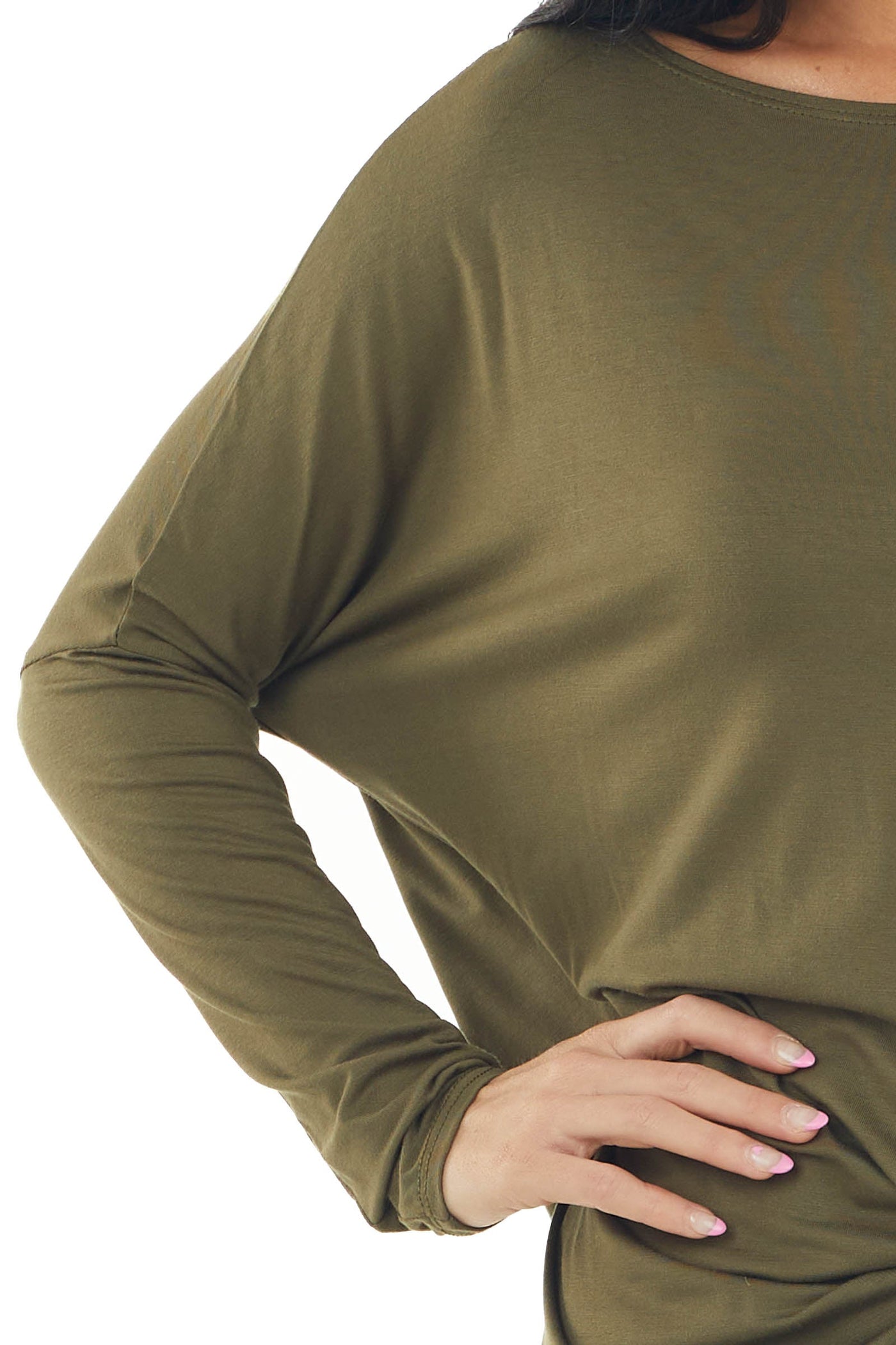 Olive Long Sleeve Stretchy Knit Top with Boat Neckline