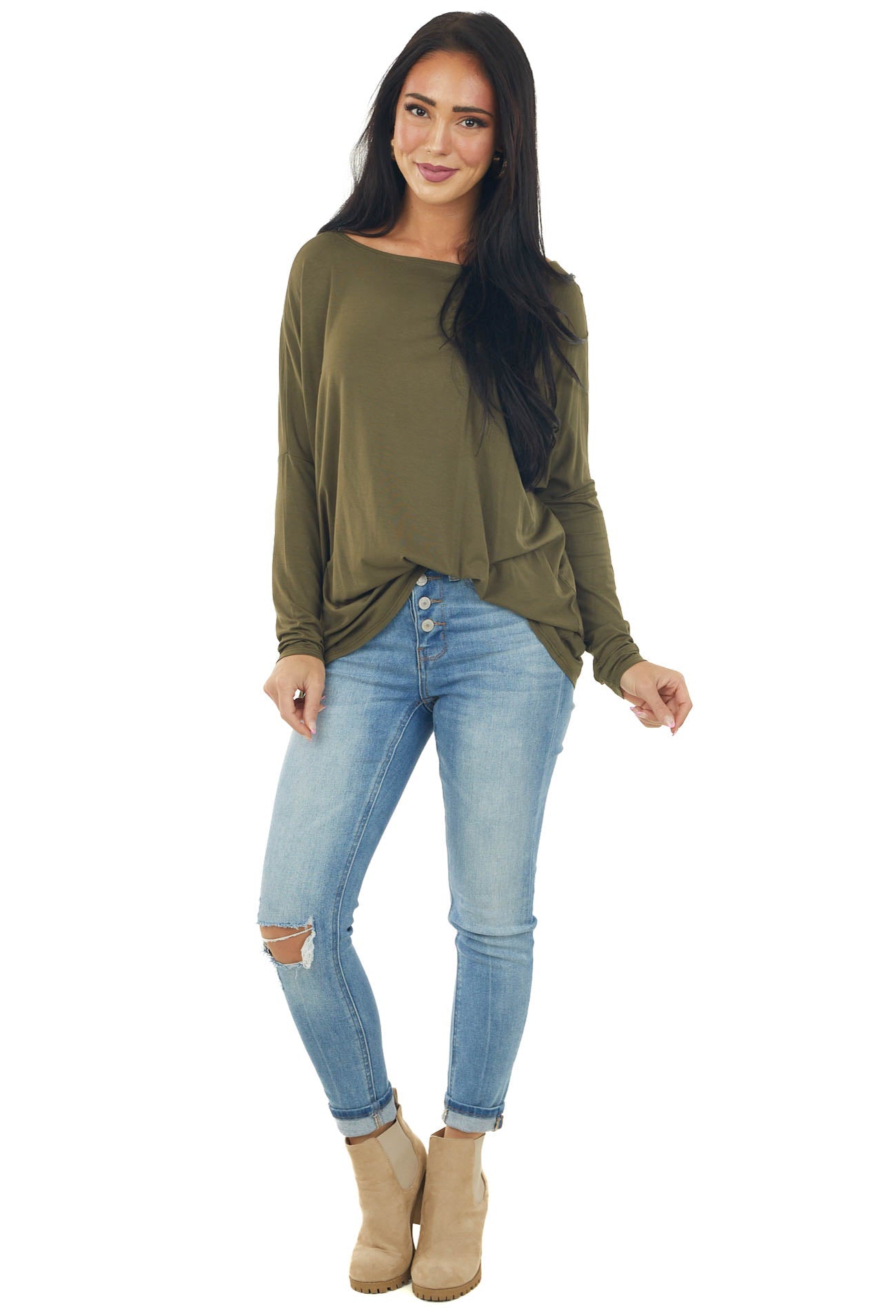 Olive Long Sleeve Stretchy Knit Top with Boat Neckline