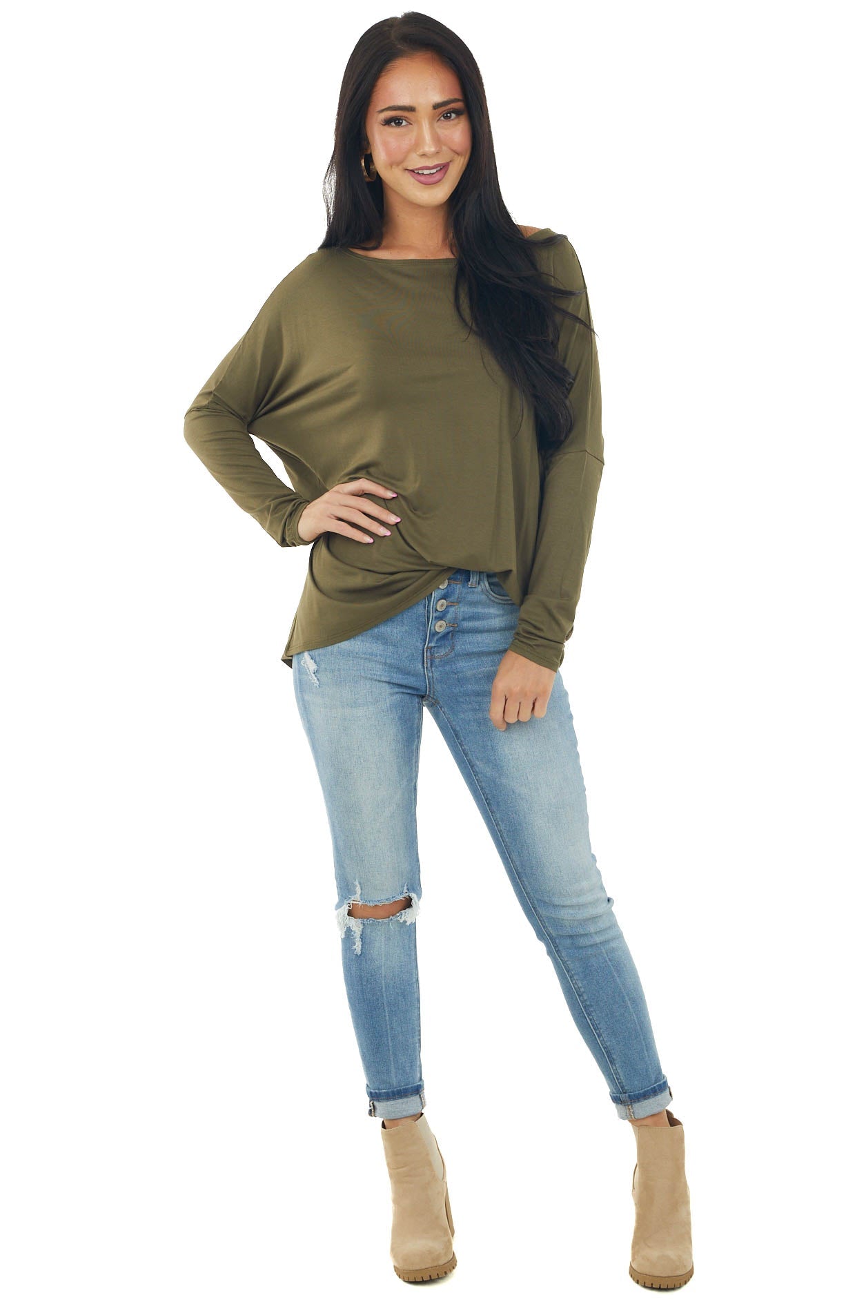 Olive Long Sleeve Stretchy Knit Top with Boat Neckline