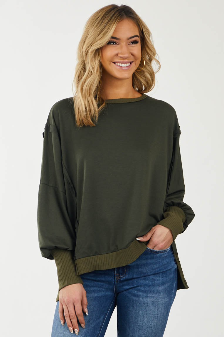 Olive Oversized Ribbed Trim Side Slit Top
