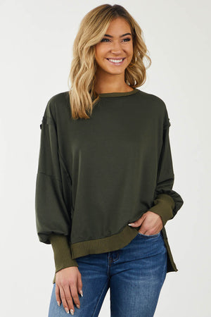 Olive Oversized Ribbed Trim Side Slit Top