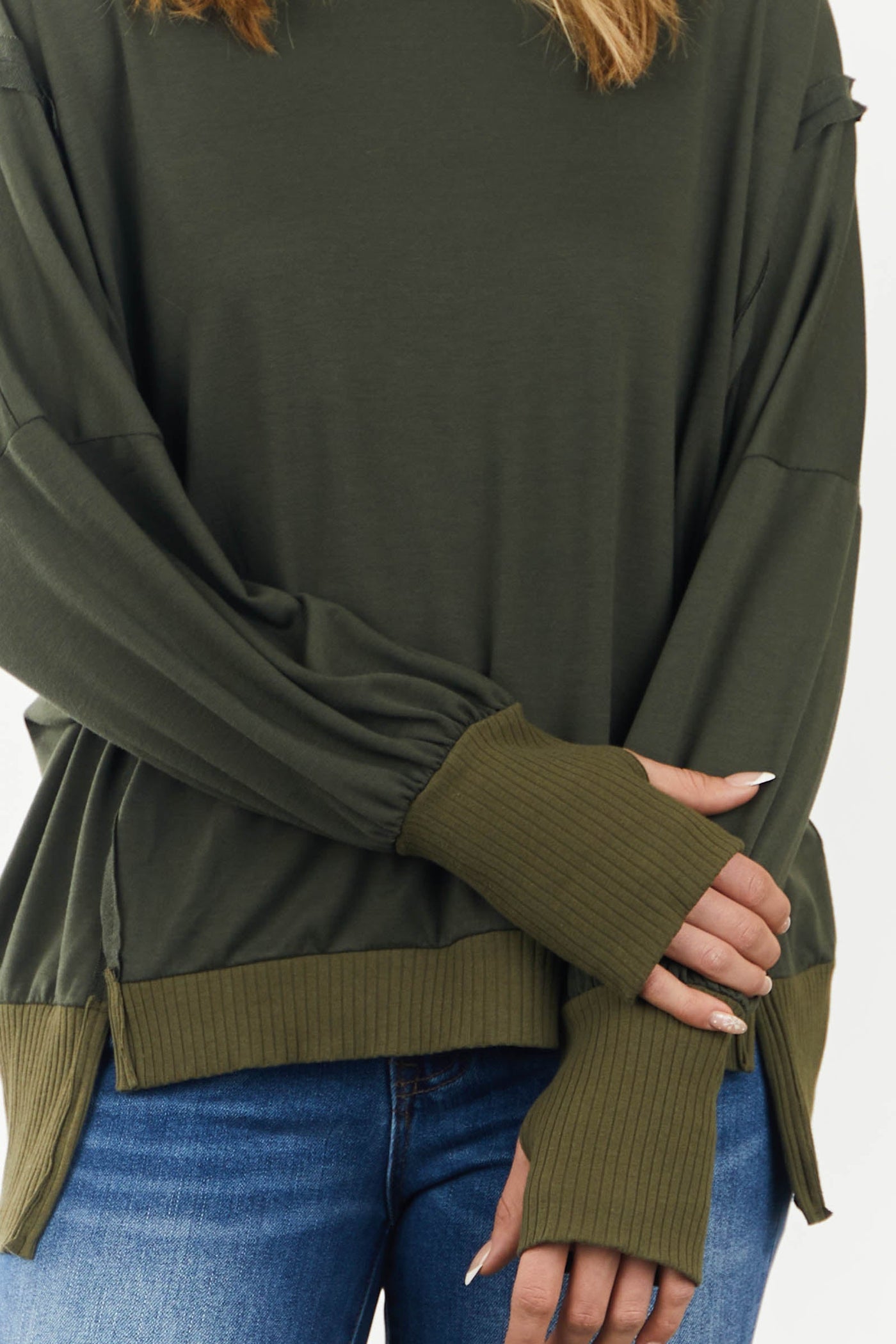 Olive Oversized Ribbed Trim Side Slit Top