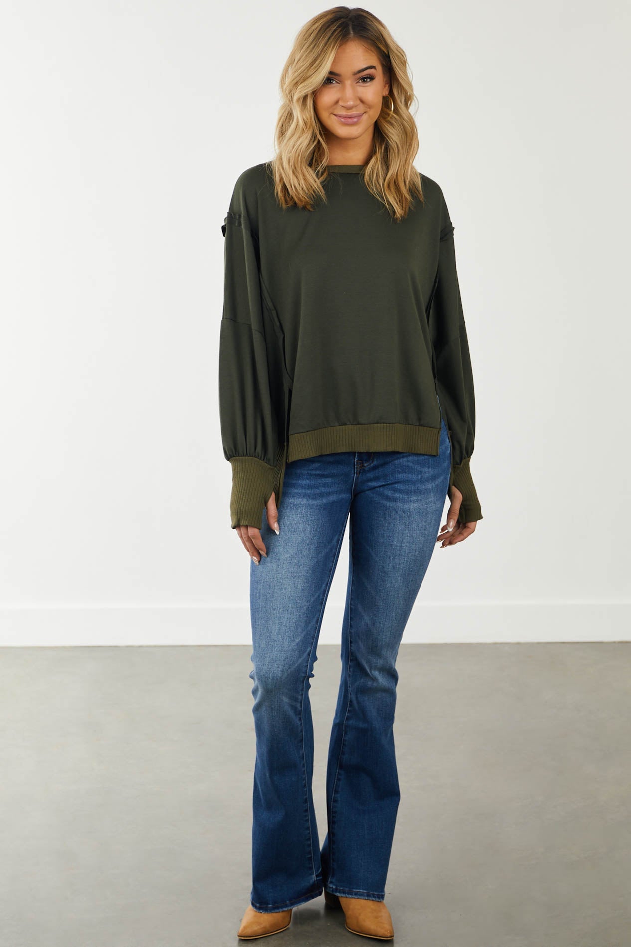 Olive Oversized Ribbed Trim Side Slit Top