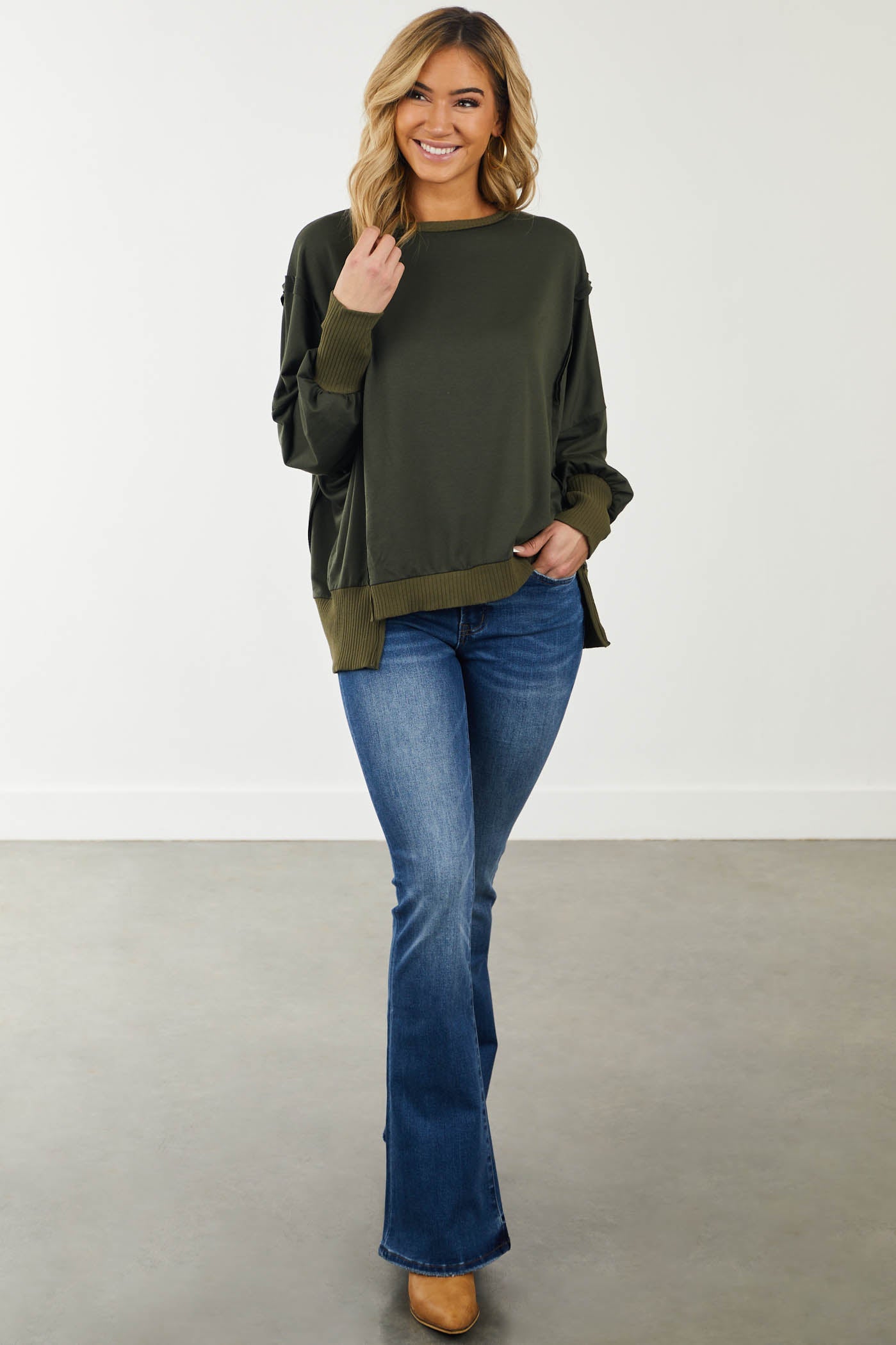 Olive Oversized Ribbed Trim Side Slit Top