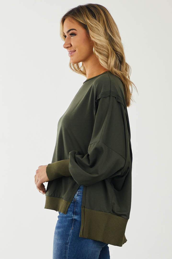 Olive Oversized Ribbed Trim Side Slit Top