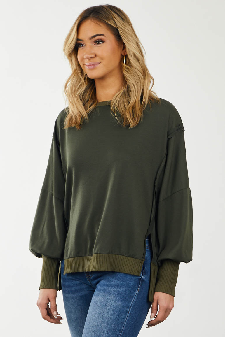 Olive Oversized Ribbed Trim Side Slit Top