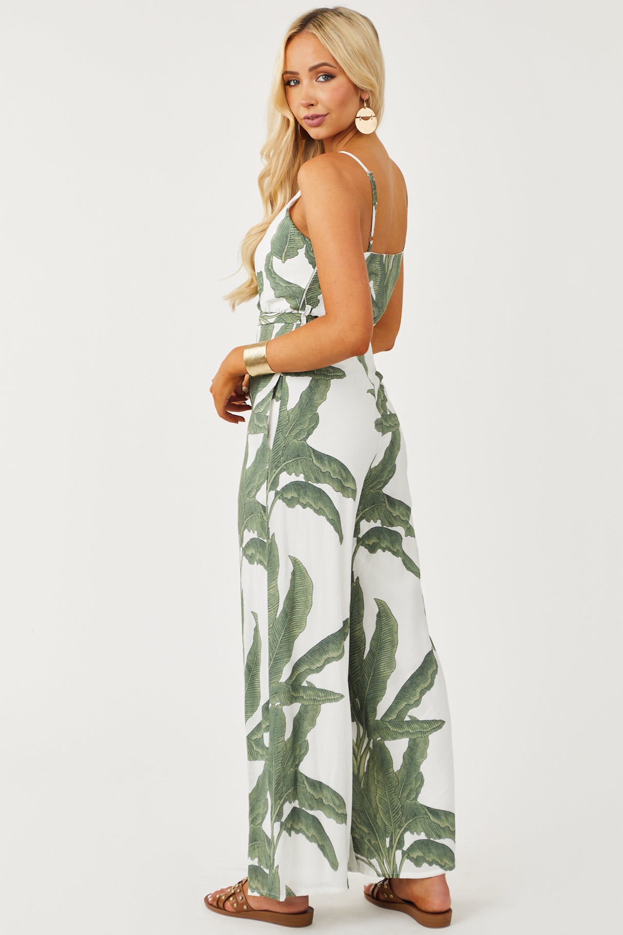 Olive Palm Print Wide Leg Surplice Jumpsuit