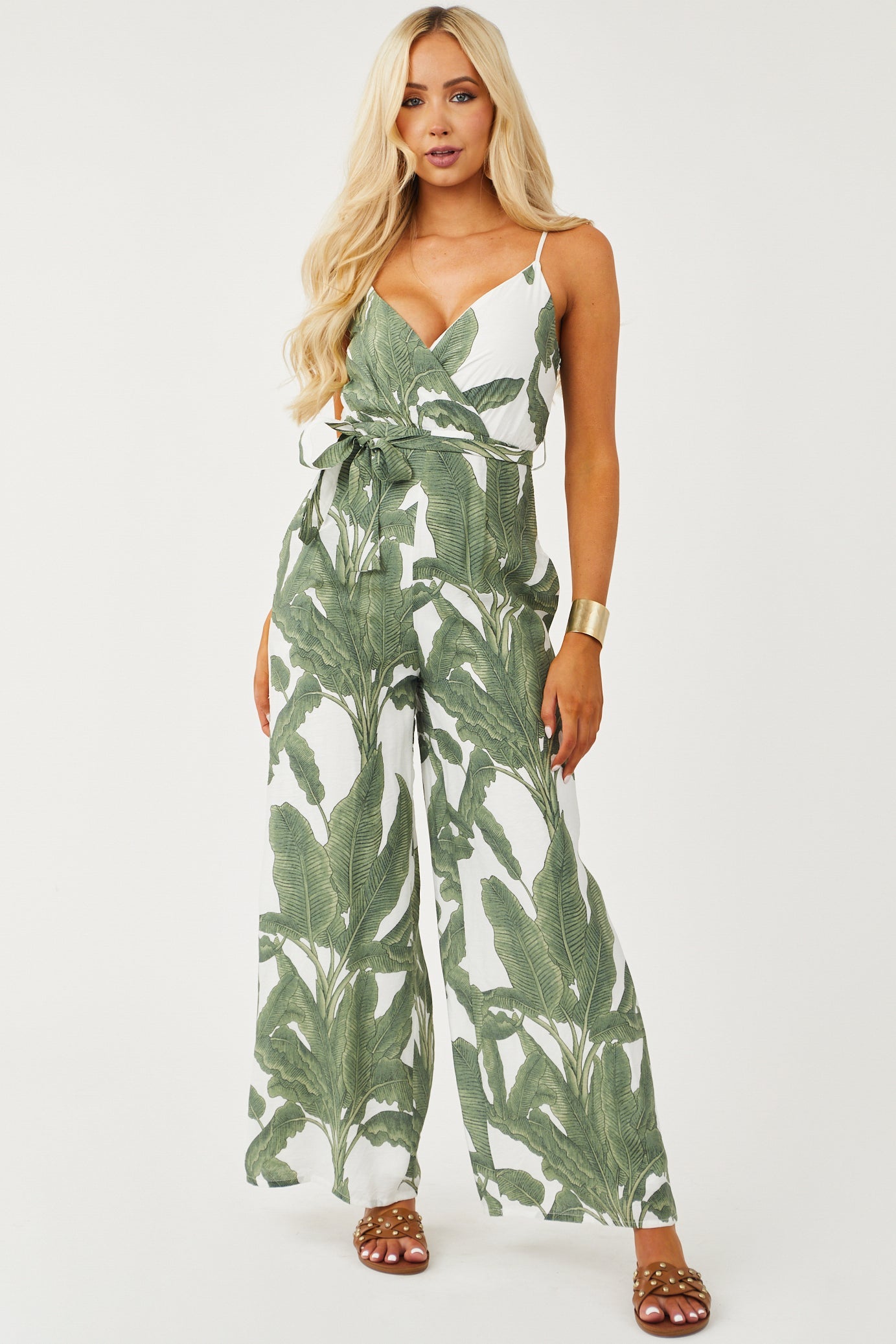 Olive Palm Print Wide Leg Surplice Jumpsuit