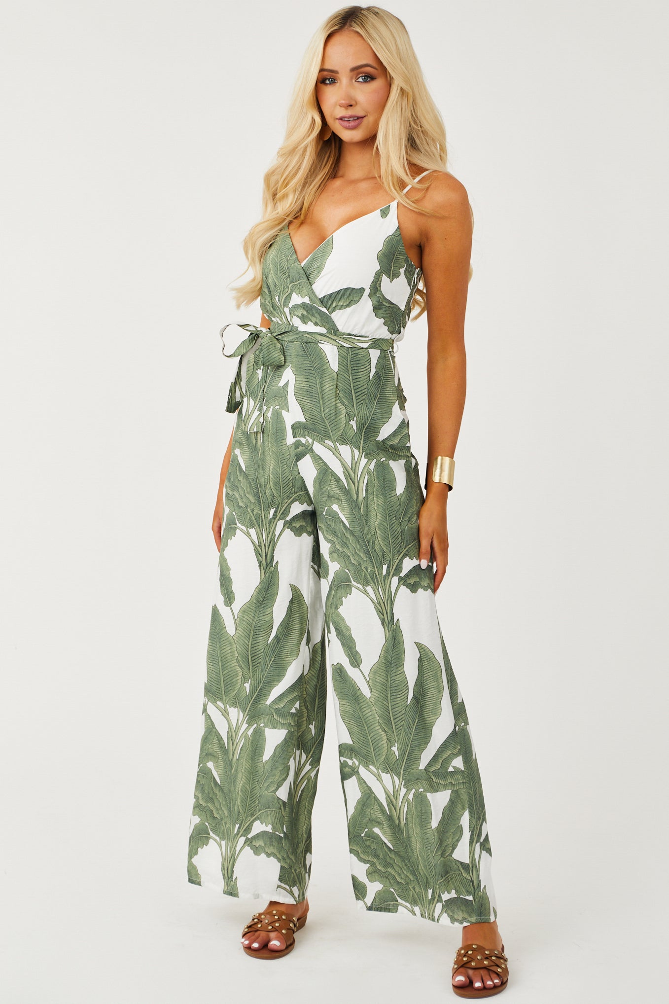Olive Palm Print Wide Leg Surplice Jumpsuit