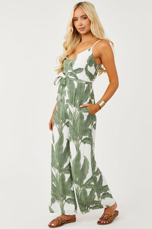 Olive Palm Print Wide Leg Surplice Jumpsuit