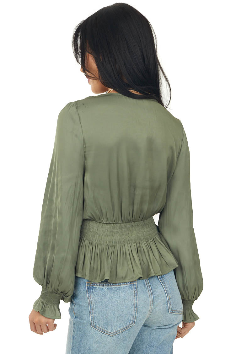 Olive Plunging Surplice Satin Peplum Blouse