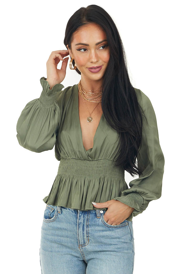 Olive Plunging Surplice Satin Peplum Blouse