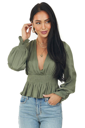 Olive Plunging Surplice Satin Peplum Blouse