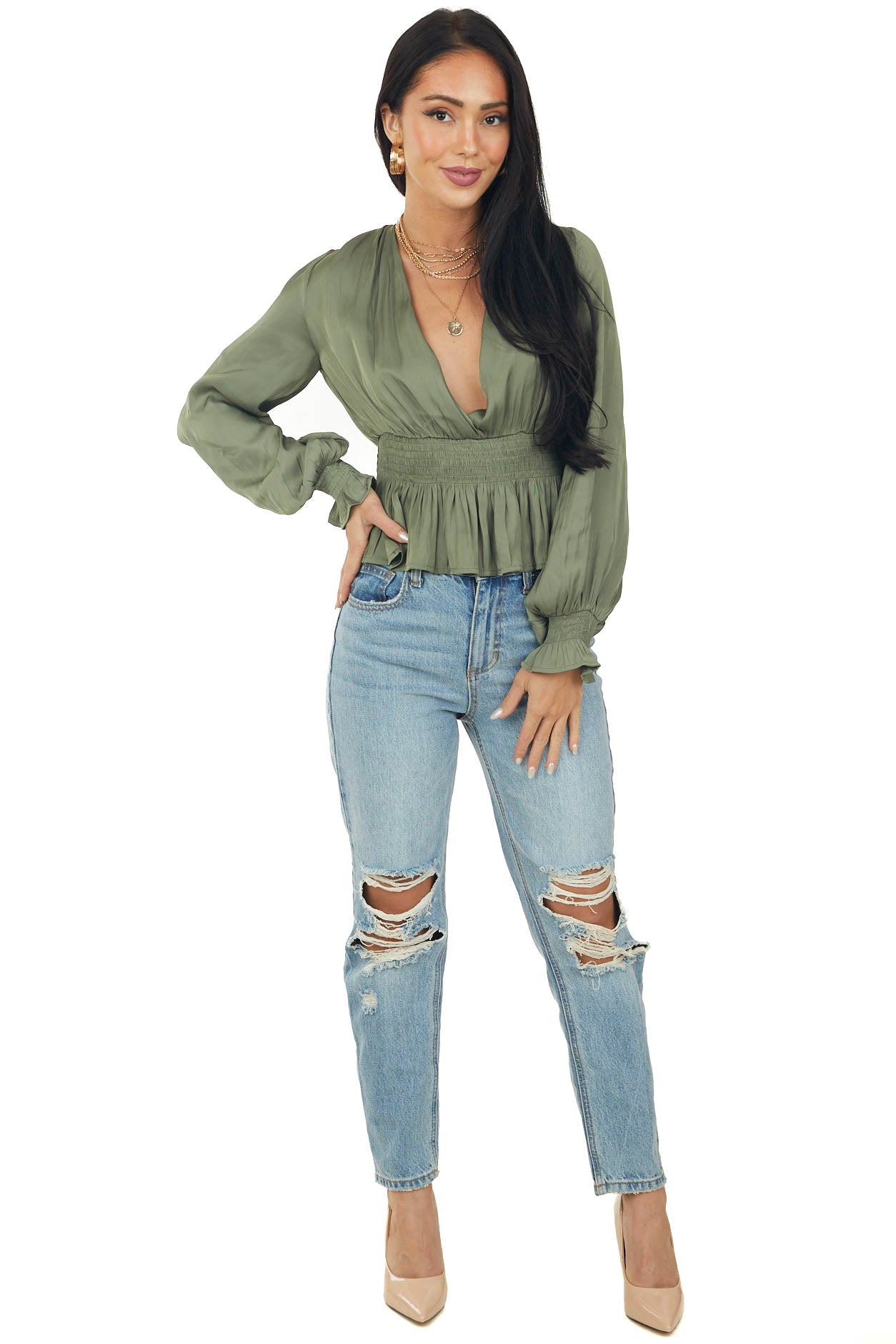 Olive Plunging Surplice Satin Peplum Blouse