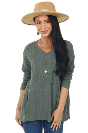 Olive Ribbed Knit Side Yoke Top with Pockets