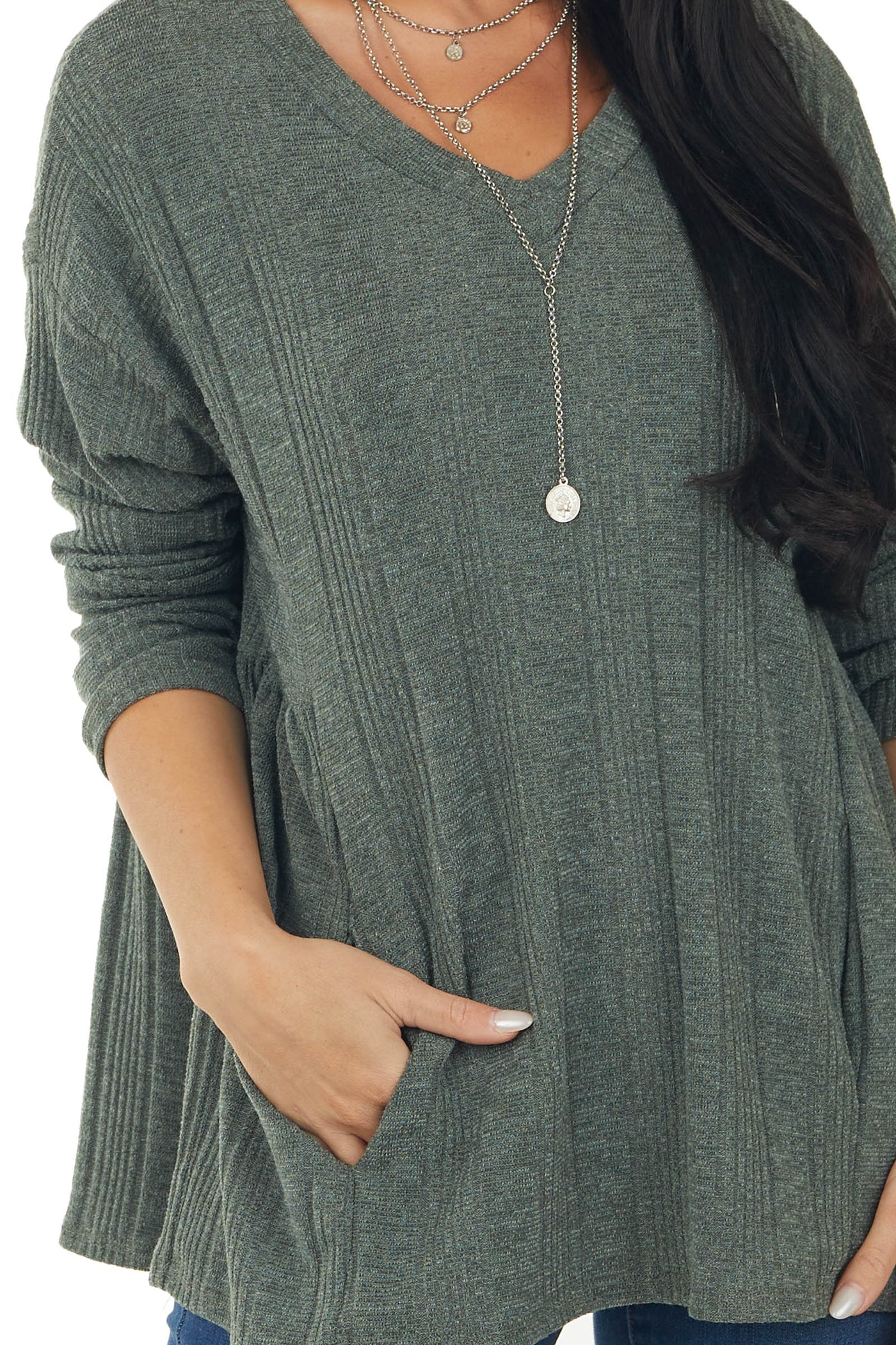 Olive Ribbed Knit Side Yoke Top with Pockets