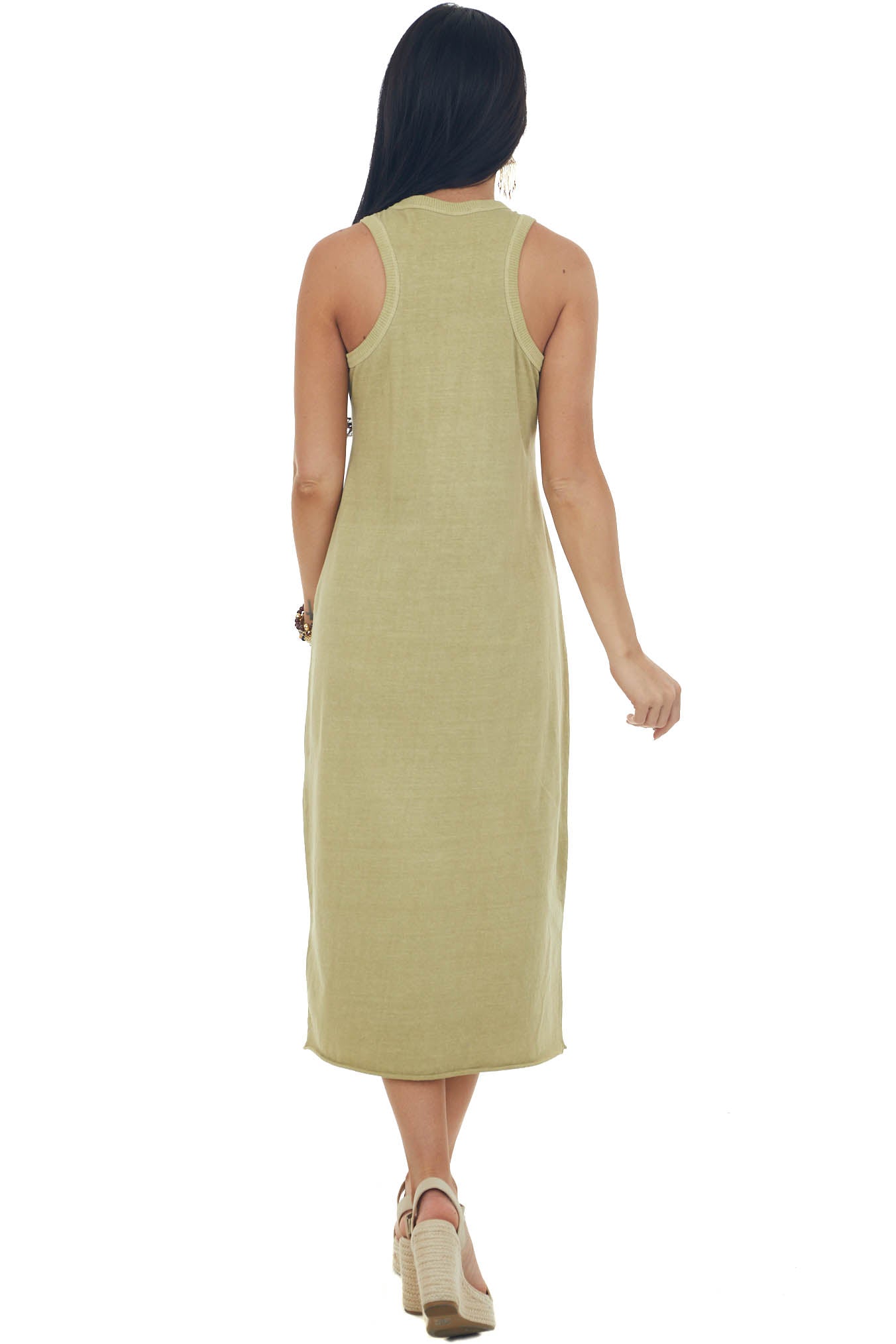 Olive Ribbed Trim Sleeveless Knit Midi Dress