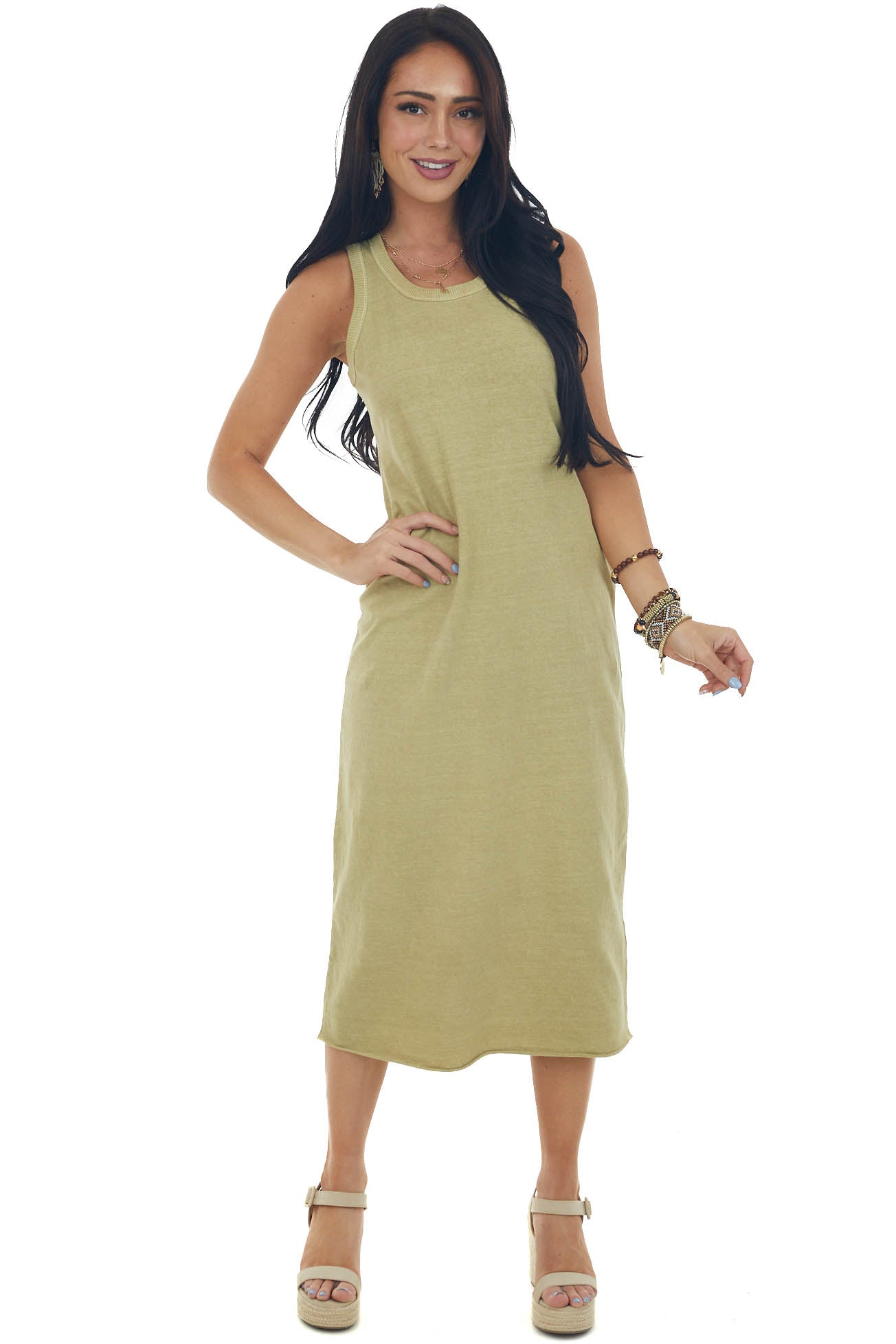 Olive Ribbed Trim Sleeveless Knit Midi Dress