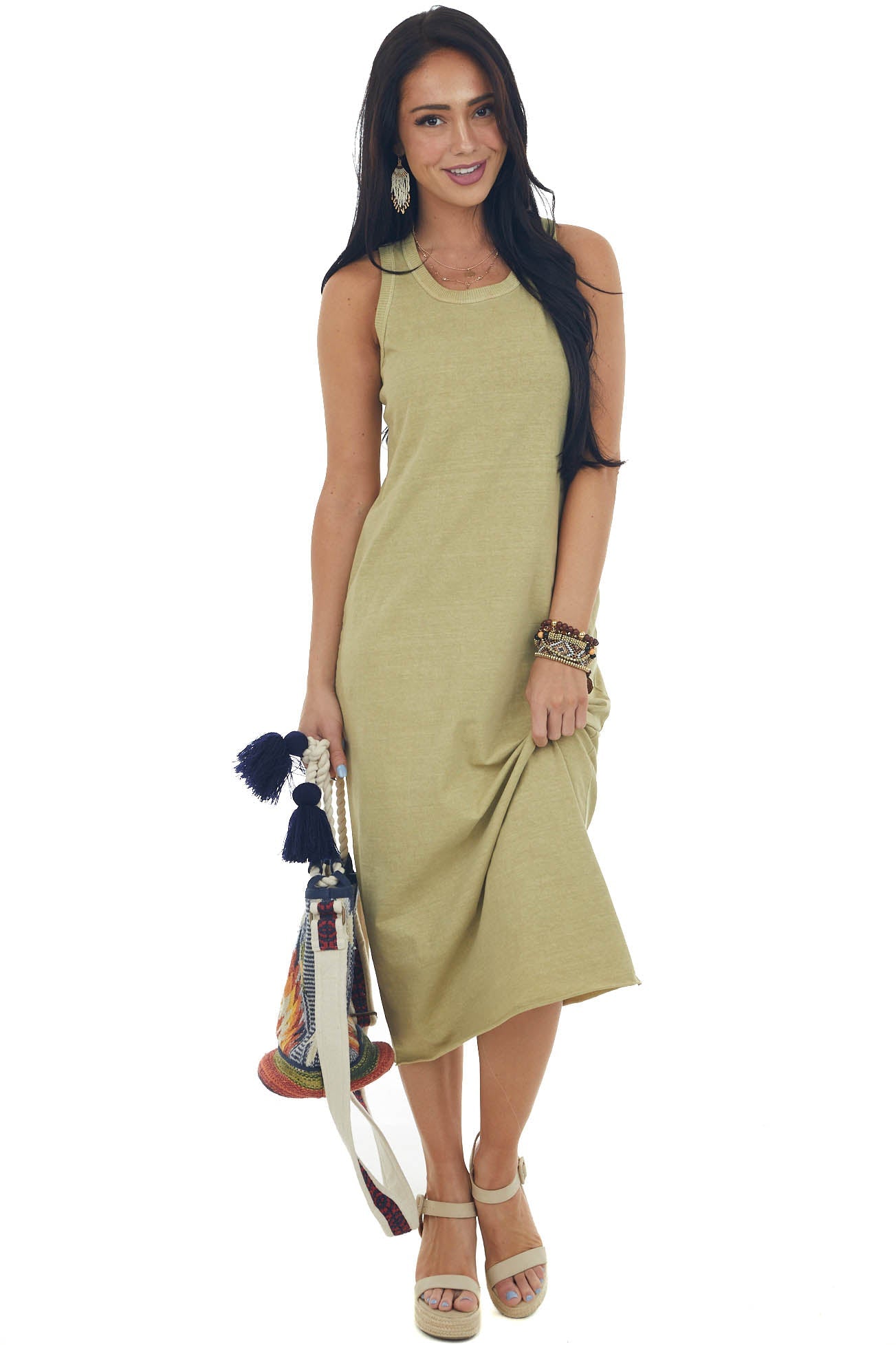 Olive Ribbed Trim Sleeveless Knit Midi Dress
