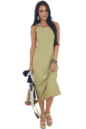 Olive Ribbed Trim Sleeveless Knit Midi Dress