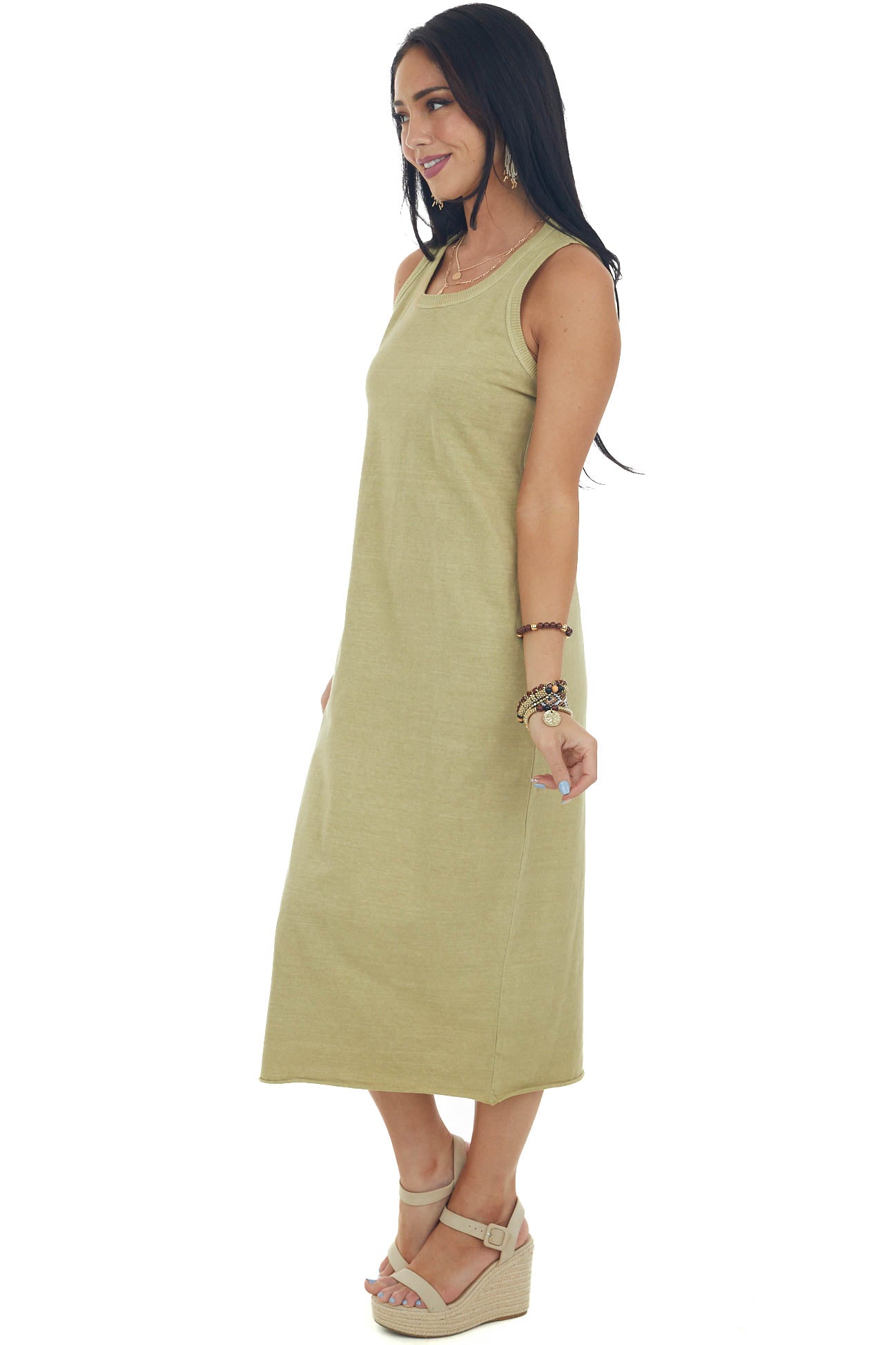 Olive Ribbed Trim Sleeveless Knit Midi Dress