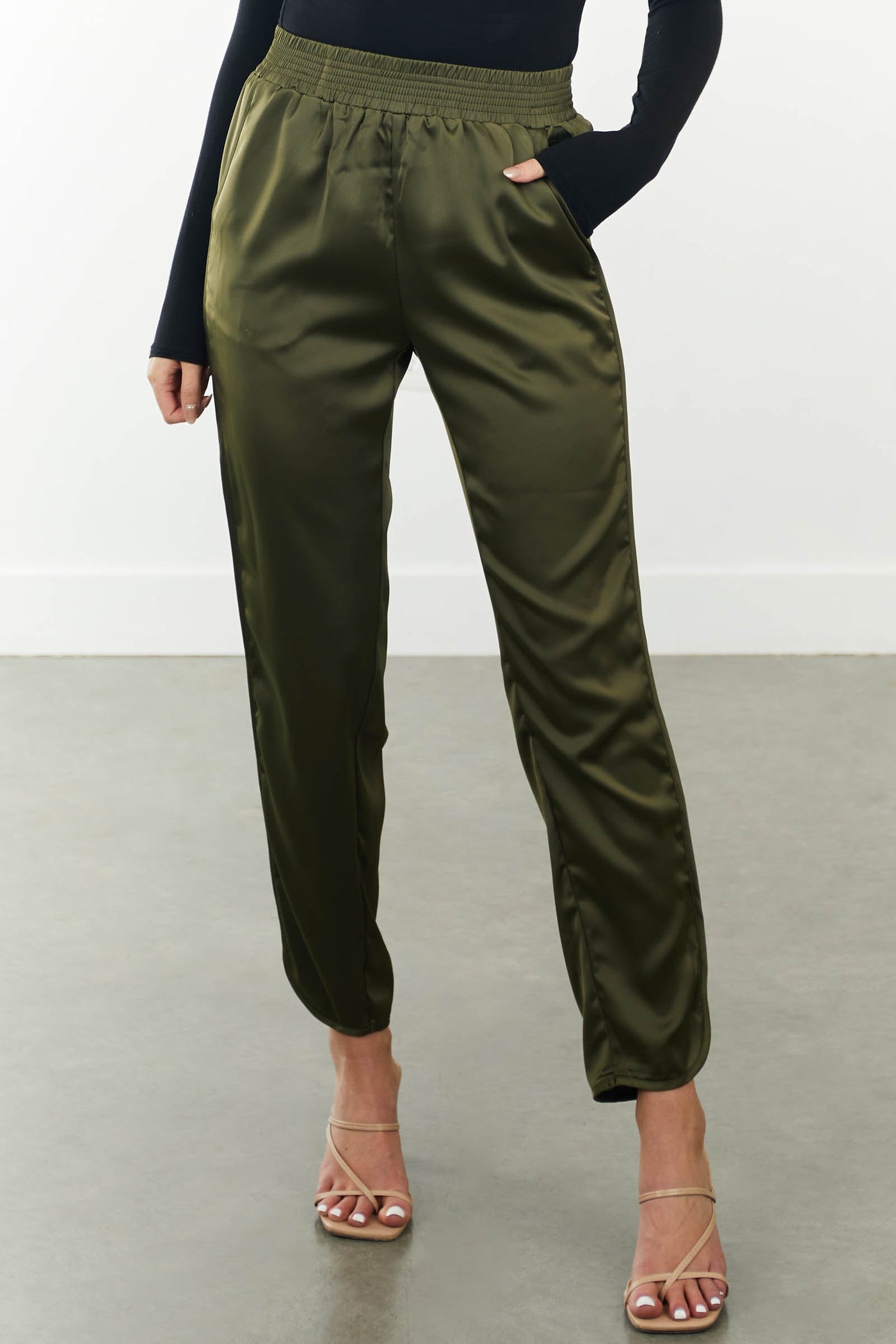 Olive Satin Cropped Pants with Elastic Waist