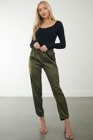 Olive Satin Cropped Pants with Elastic Waist