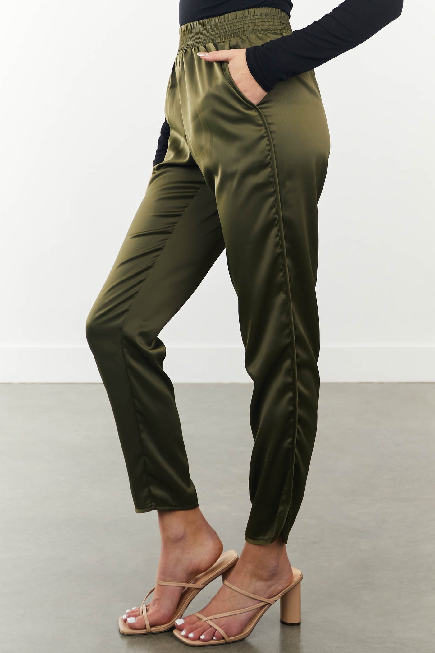 Olive Satin Cropped Pants with Elastic Waist