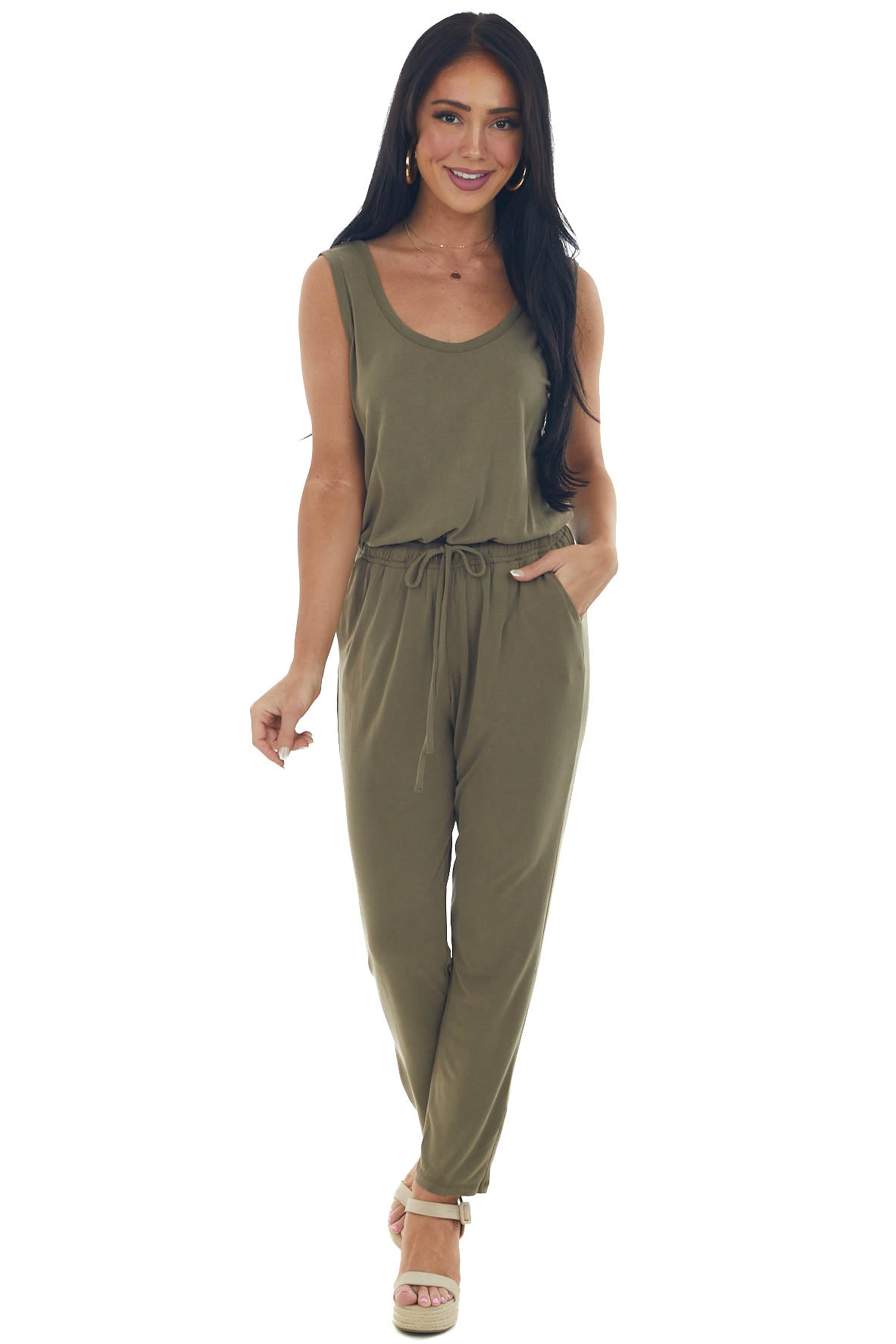 Olive Sleeveless Stretchy Knit Jumpsuit with Waist Tie