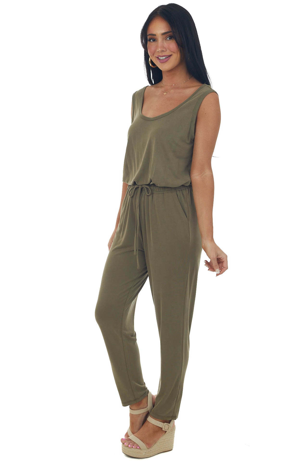 Olive Sleeveless Stretchy Knit Jumpsuit with Waist Tie