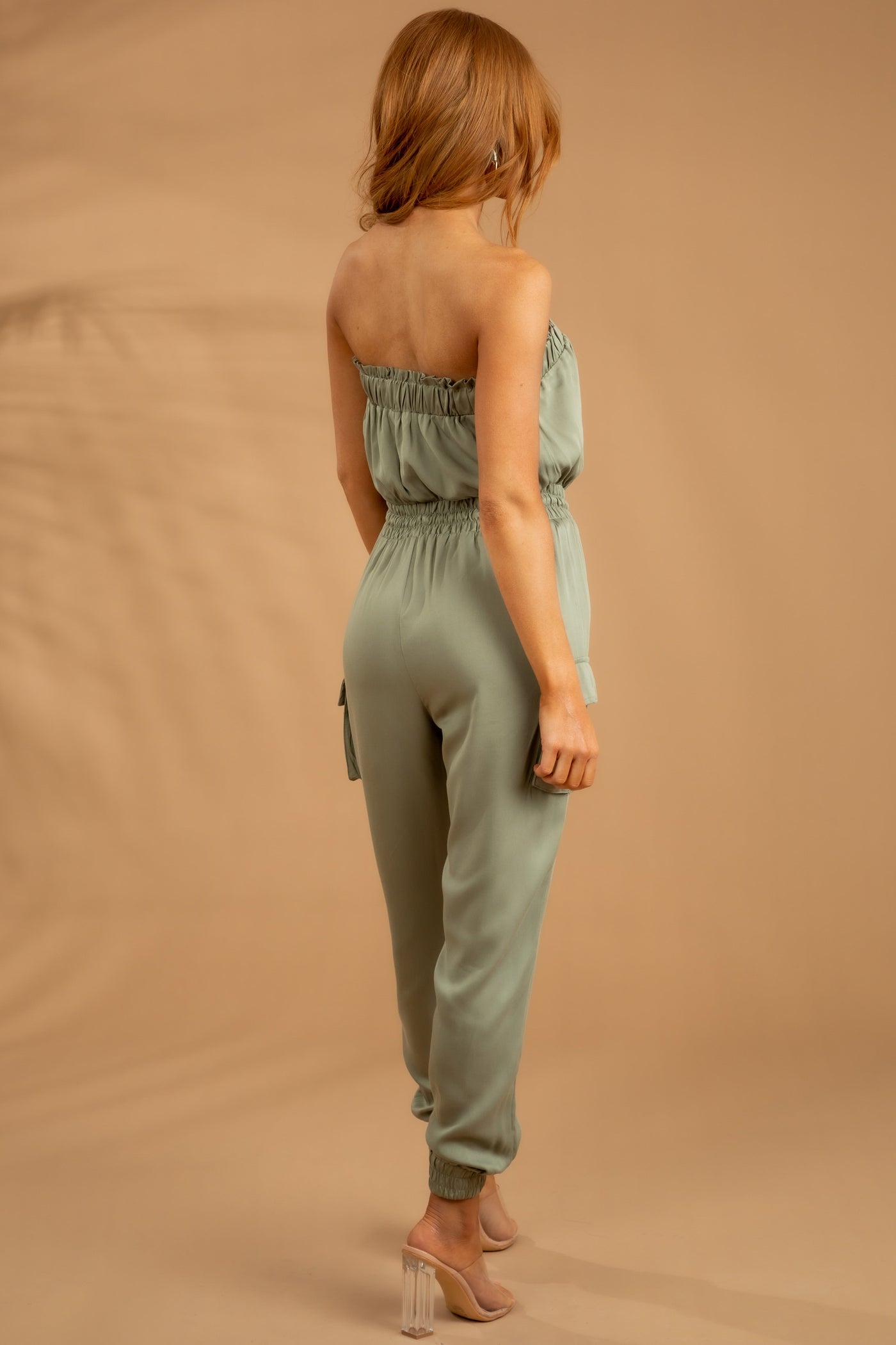 Olive Strapless Cargo Detail Waist Tie Jumpsuit