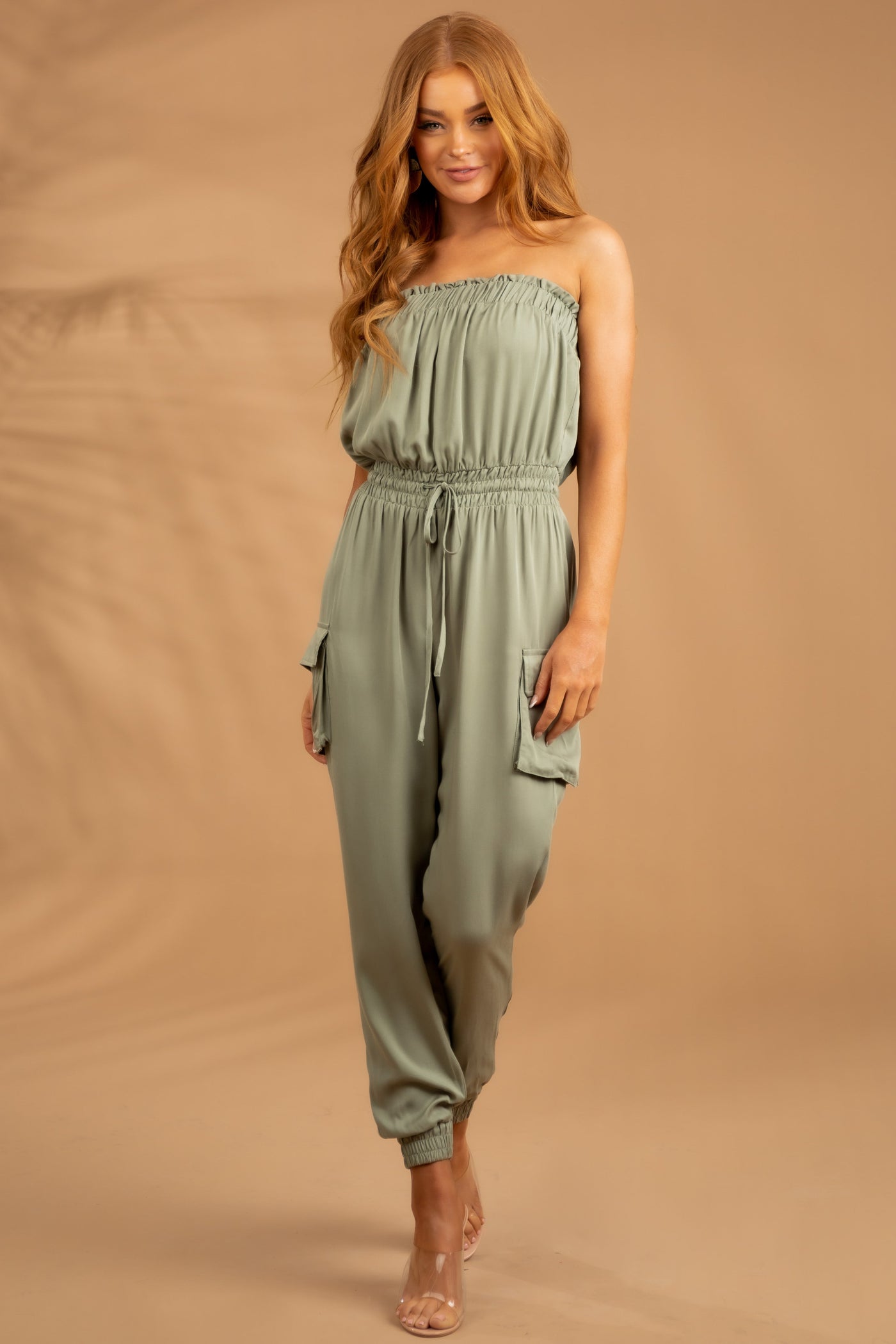 Olive Strapless Cargo Detail Waist Tie Jumpsuit
