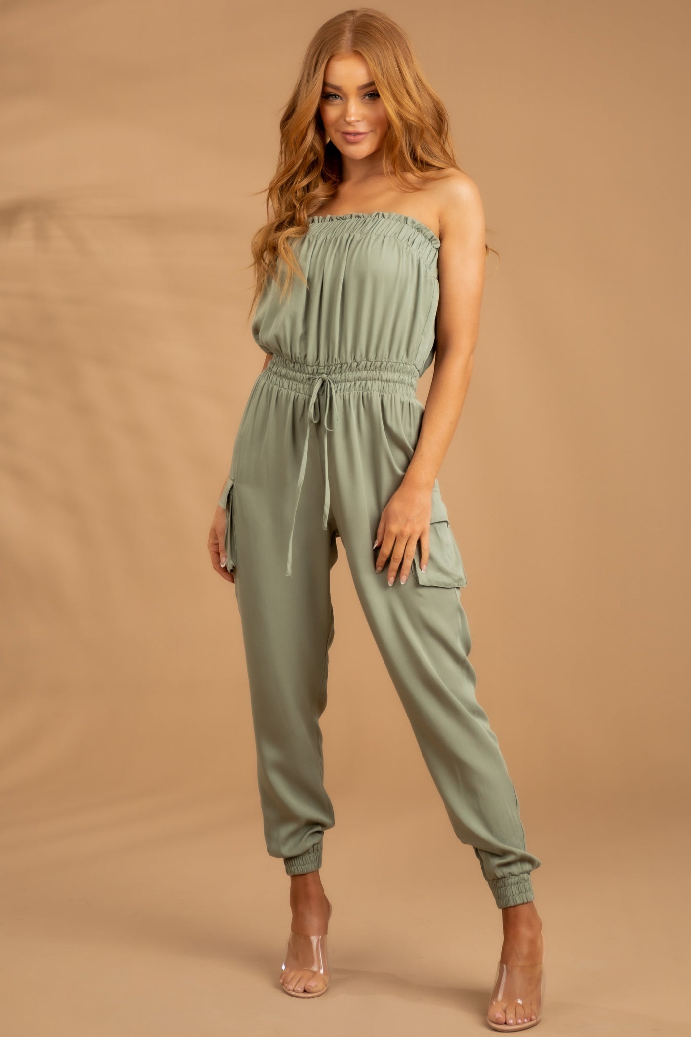 Olive Strapless Cargo Detail Waist Tie Jumpsuit