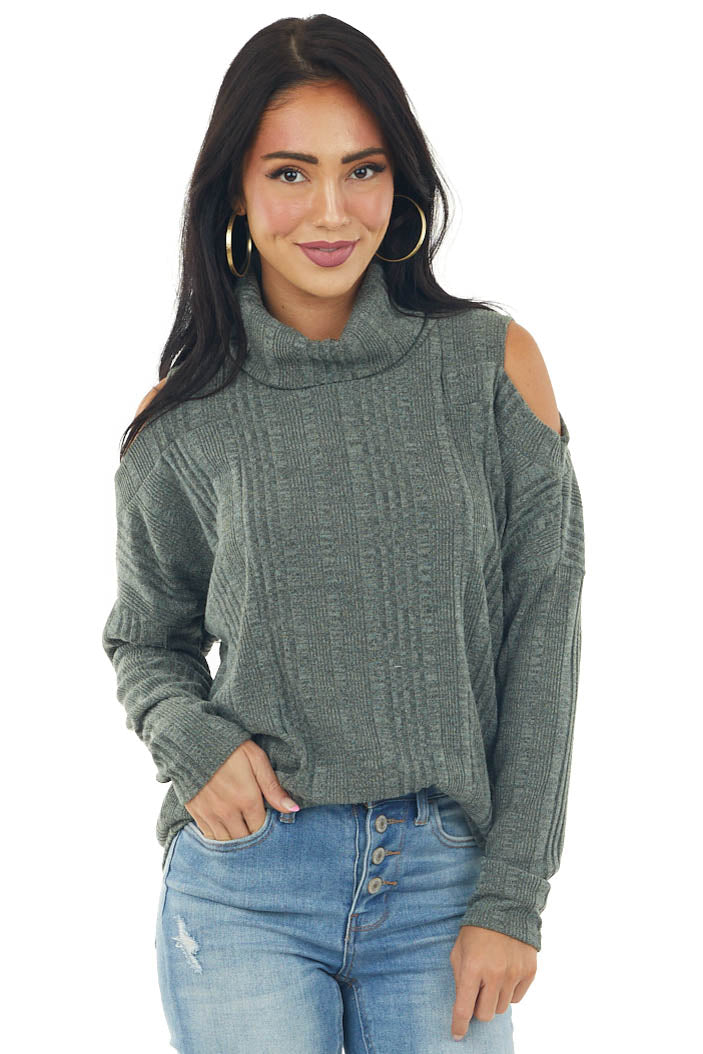 Olive Textured Cold Shoulder Cowl Neck Top