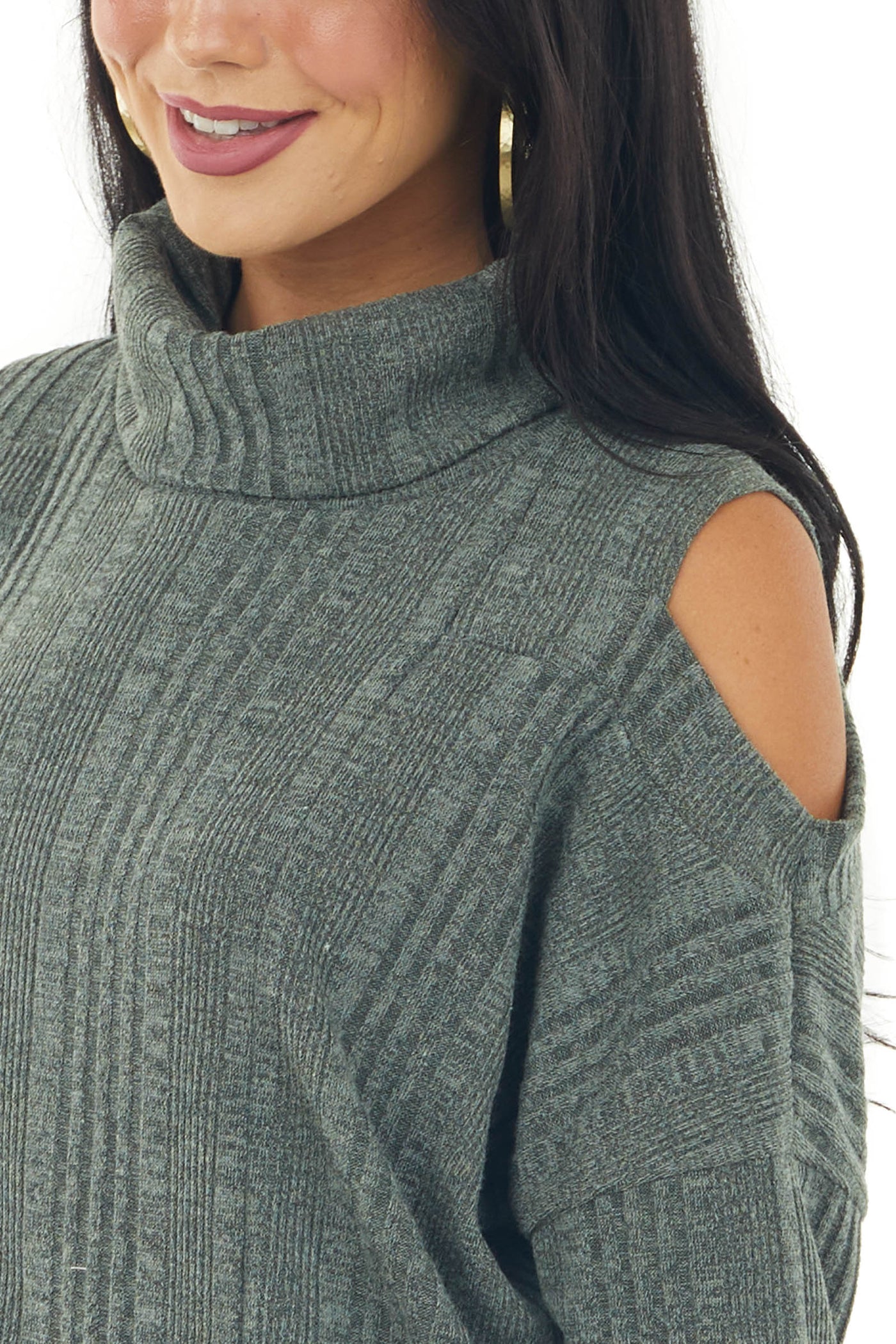 Olive Textured Cold Shoulder Cowl Neck Top