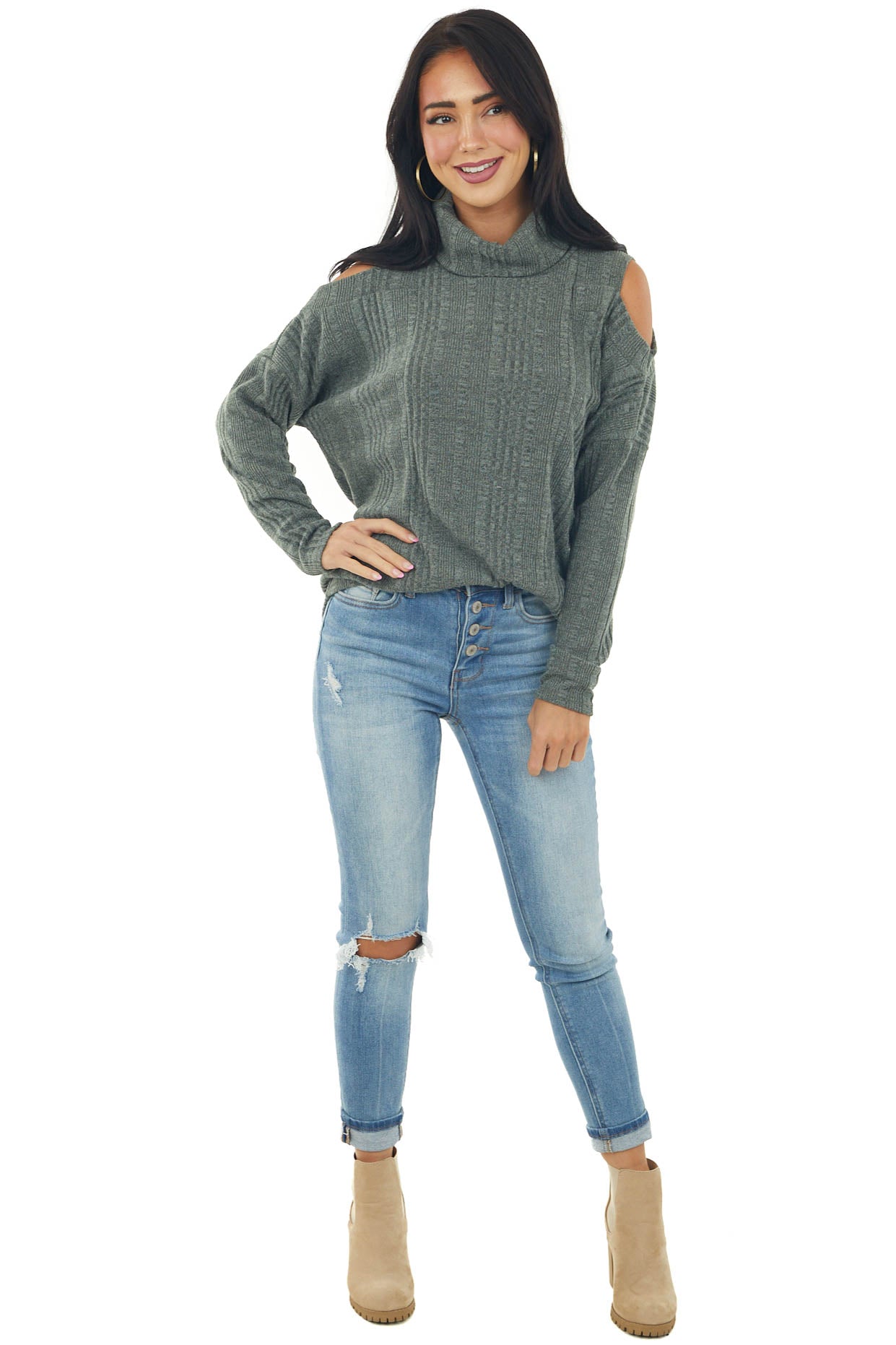 Olive Textured Cold Shoulder Cowl Neck Top