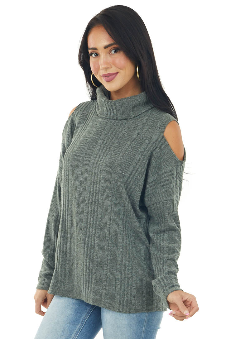 Olive Textured Cold Shoulder Cowl Neck Top